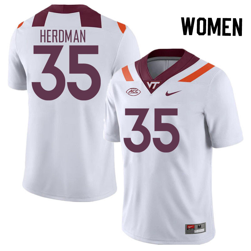 Women #35 Cade Herdman Virginia Tech Hokies College Football Jerseys Stitched Sale-White - Click Image to Close